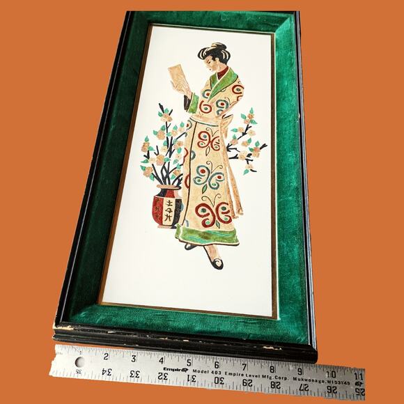 Vintage 1950s Man and Woman Paintings with Green Velvet Trim Frame - Picture 6 of 7